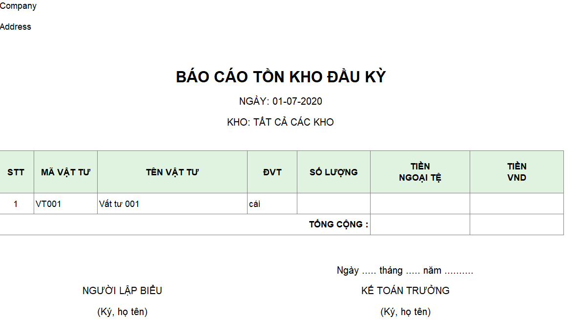 Mẫu báo cáo tồn kho đầu kỳ ( Ngoại tệ)