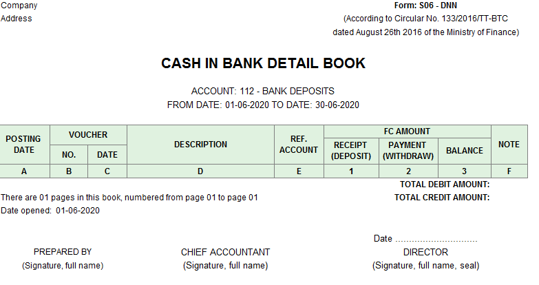 Mẫu sổ tiền gửi ngân hàng ( TIẾNG ANH - Ngoại tệ) theo TT133/2016/TT-BTC