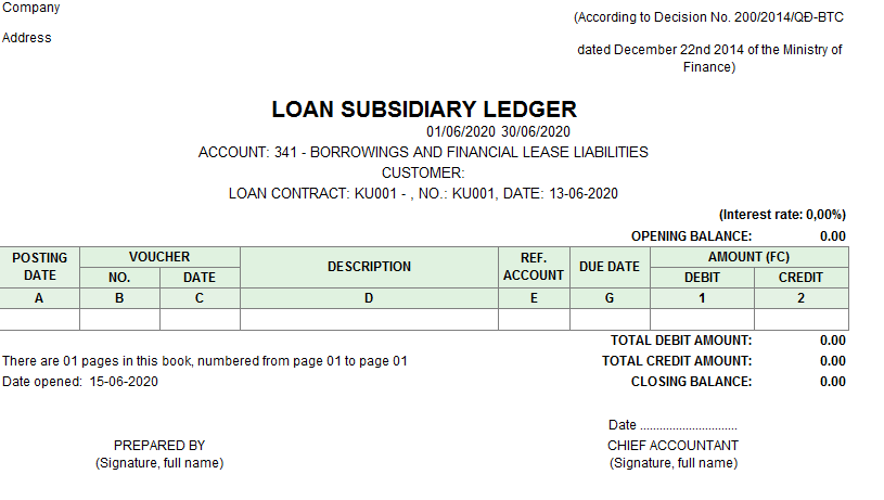 Mẫu sổ chi tiết tiền vay ( TIẾNG ANH - Ngoại tệ) theo TT200/2014/TT-BTC