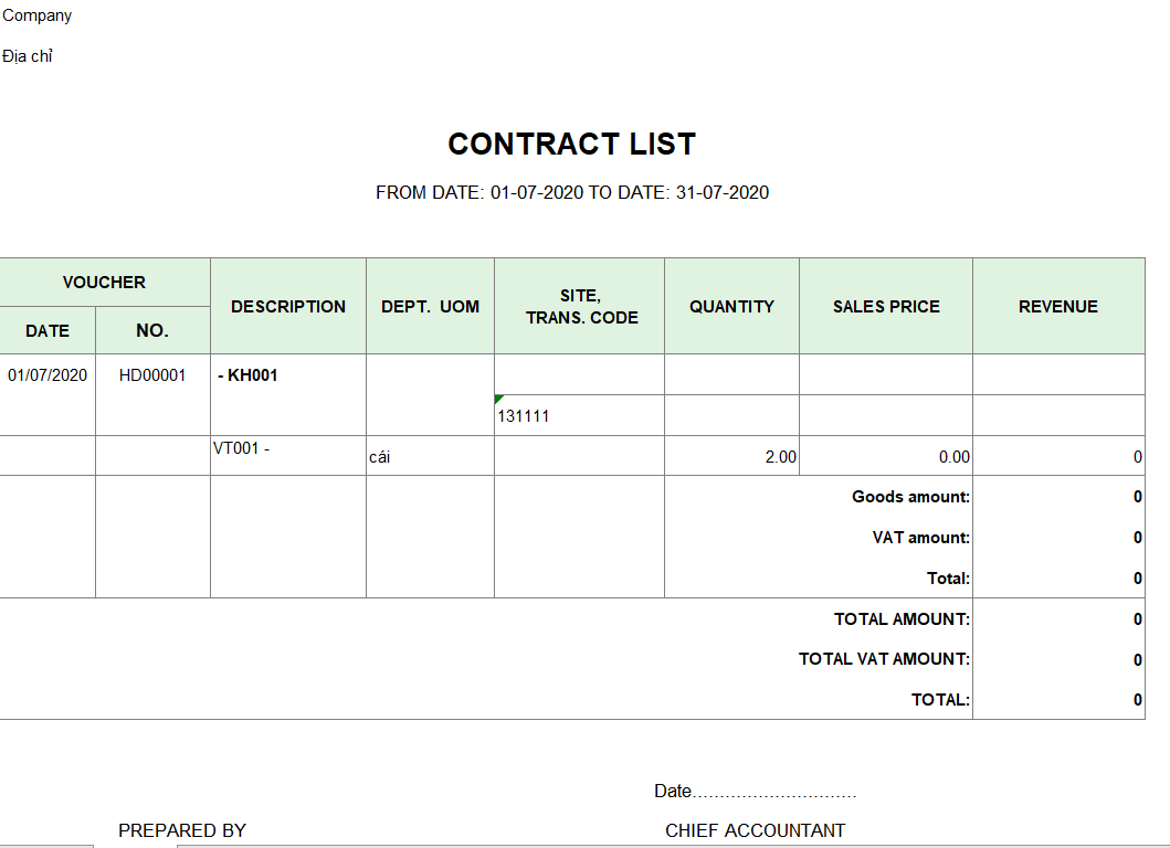 Mẫu bảng kê đơn hàng ( TIẾNG ANH)