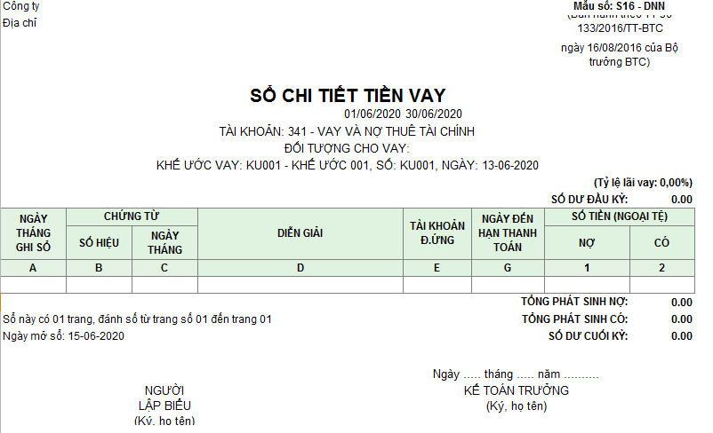 Mẫu sổ chi tiết tiền vay( Ngoại tệ) theo TT133/2016/TT-BTC