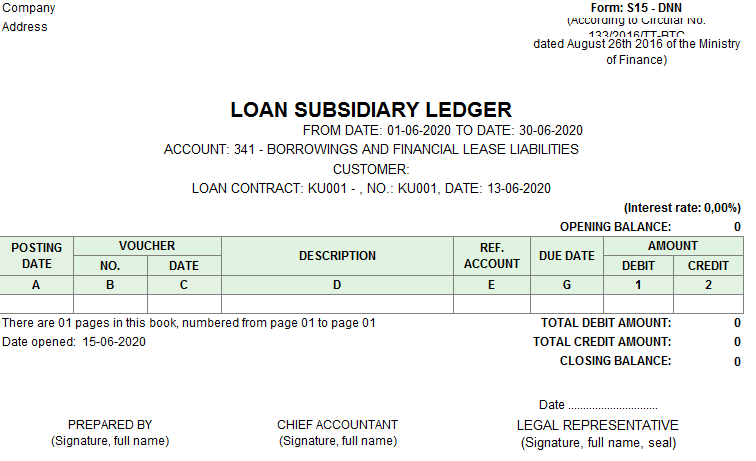 Mẫu sổ chi tiết tiền vay( TIẾNG ANH) theo TT133/2016/TT-BTC