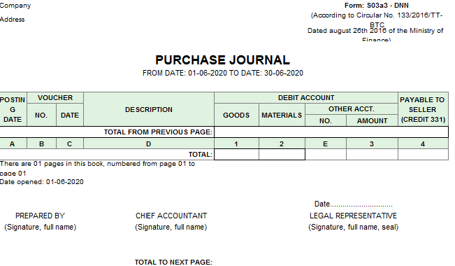 Mẫu sổ nhật ký mua hàng( TIẾNG ANH) theo TT133/2016/TT-BTC