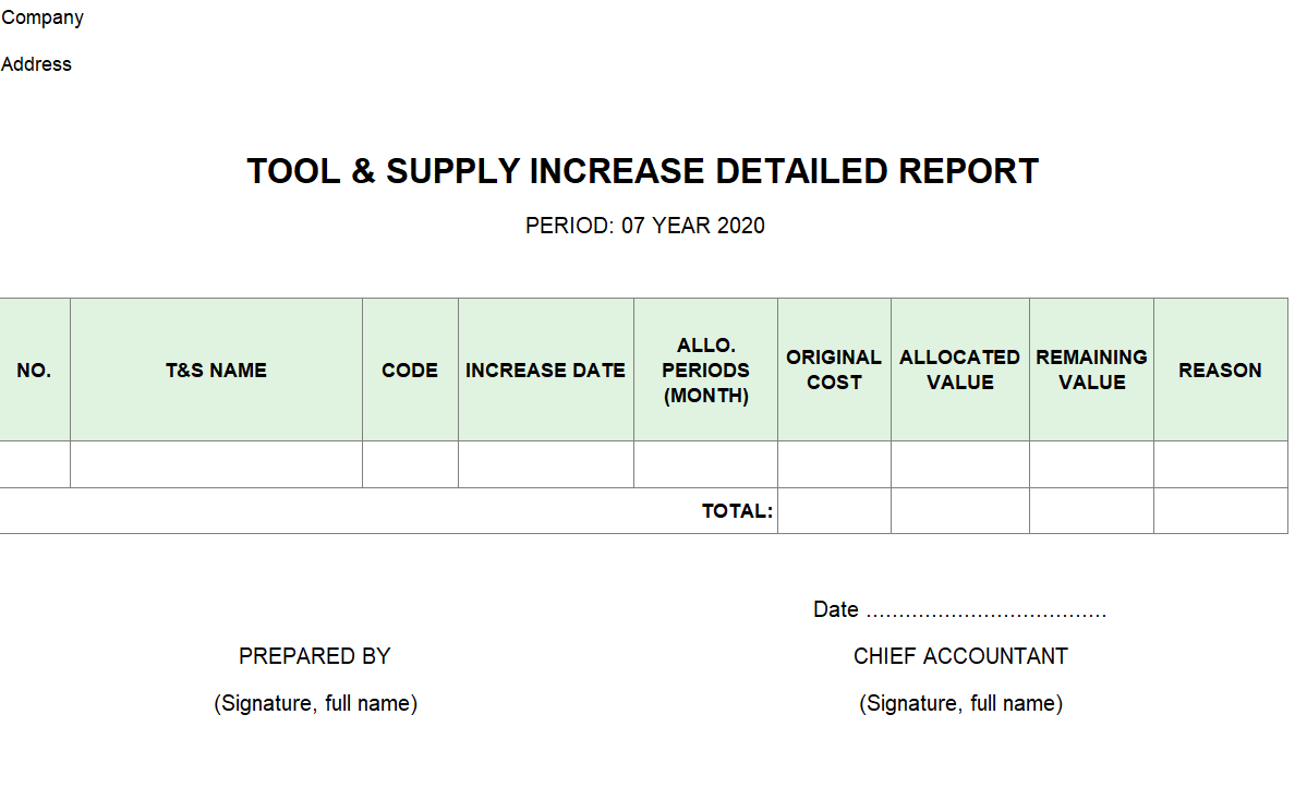 Mẫu báo cáo chi tiết tăng CCDC ( TIẾNG ANH)
