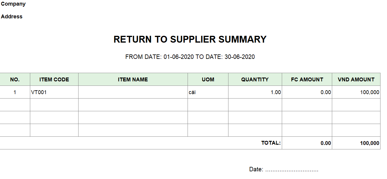 Mẫu tổng hợp xuất trả lại nhà cung cấp ( TIẾNG ANH - Ngoại tệ )