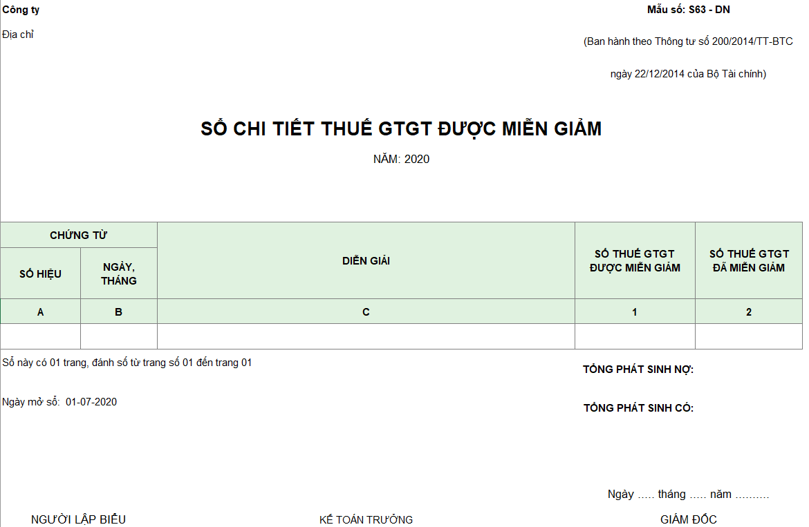 Mẫu sổ chi tiết thuế GTGT được miễn giảm theo TT200