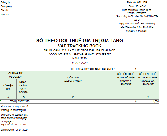 Mẫu sổ theo dõi thuế giá trị gia tăng theo TT200 ( Song ngữ)
