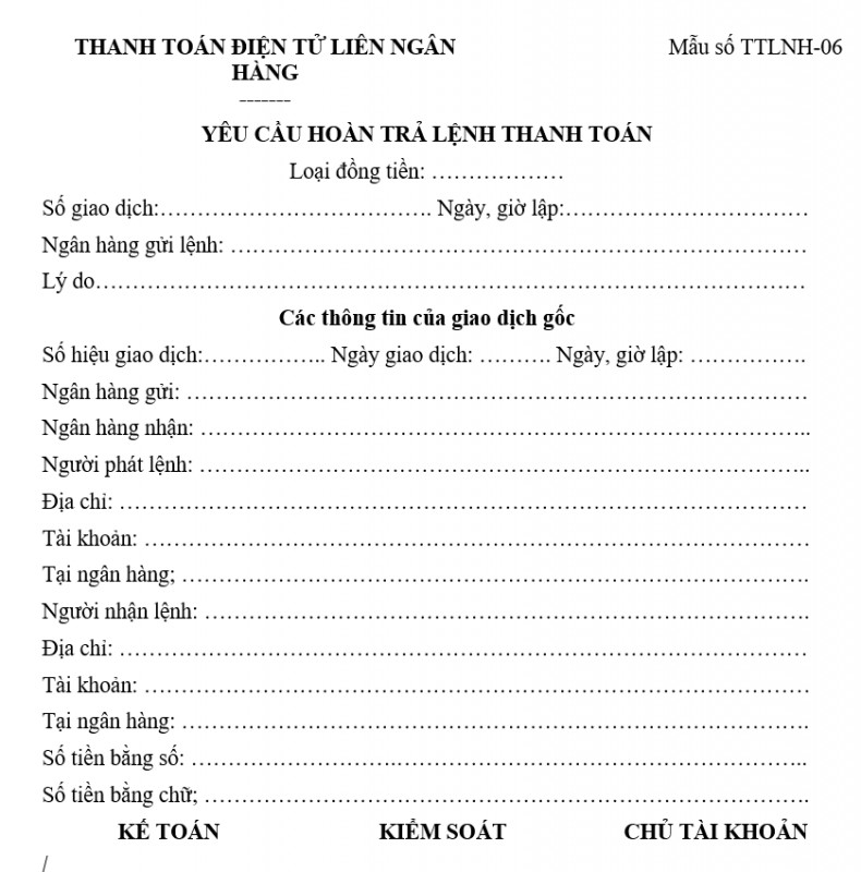 Mẫu yêu cầu hoàn trả lệnh thanh toán