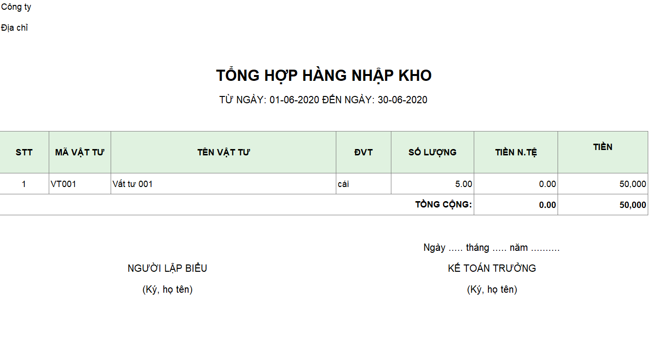 Mẫu tổng hợp hàng nhập kho ( Ngoại tệ)
