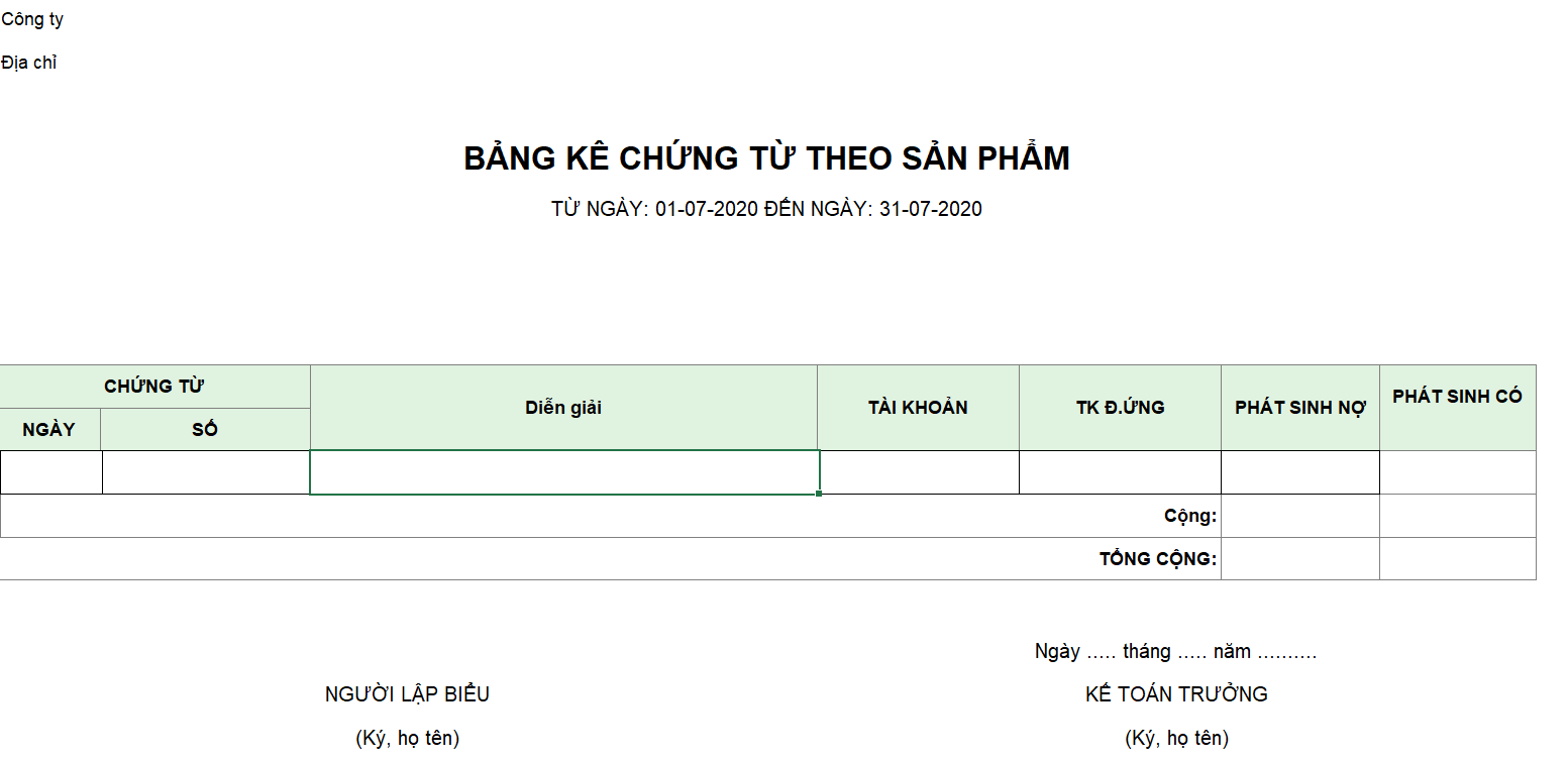 Mẫu bảng kê chứng từ theo sản phẩm