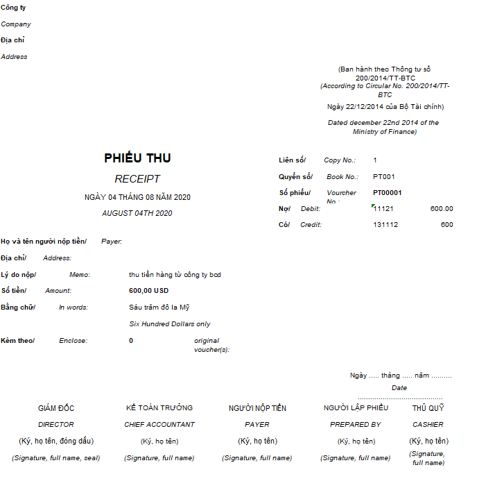 Mẫu phiếu thu theo TT 200 ( Song ngữ - Ngoại tệ)