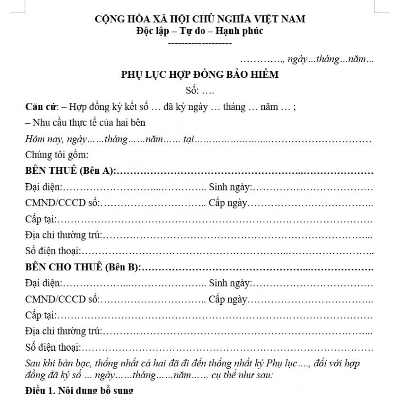 Mẫu phụ lục hợp đồng bảo hiểm