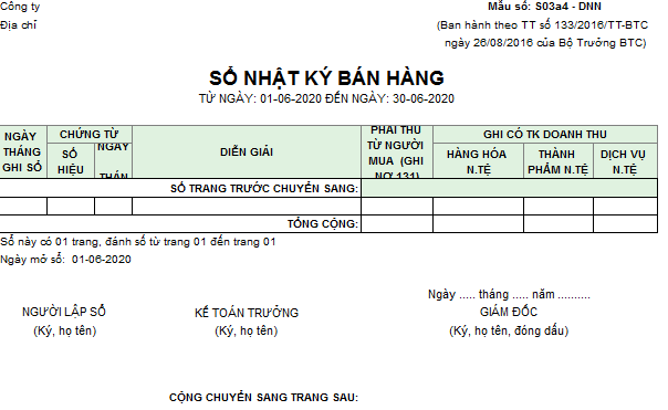 Mẫu sổ nhật ký bán hàng( NGoại tệ) theo TT133/2016/TT-BTC