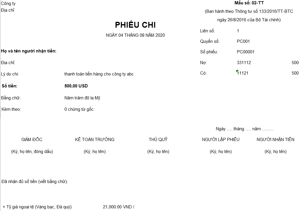 Mẫu phiếu chi theo TT 133 ( Ngoại tệ)