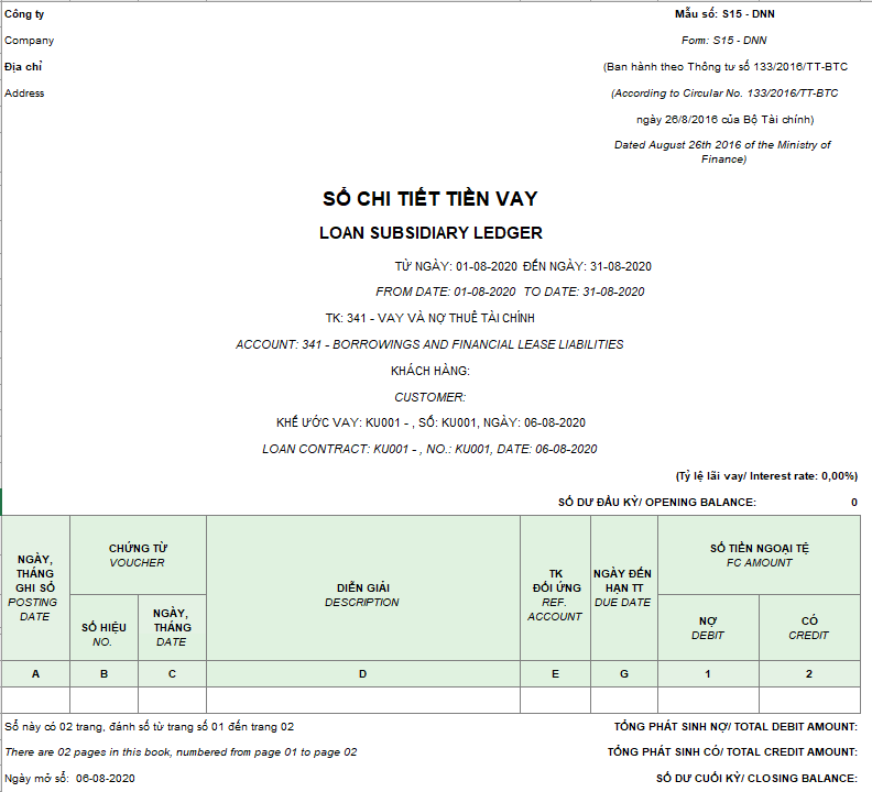 Mẫu sổ chi tiết tiền vay theo TT133 ( Song ngữ - Ngoại tệ)