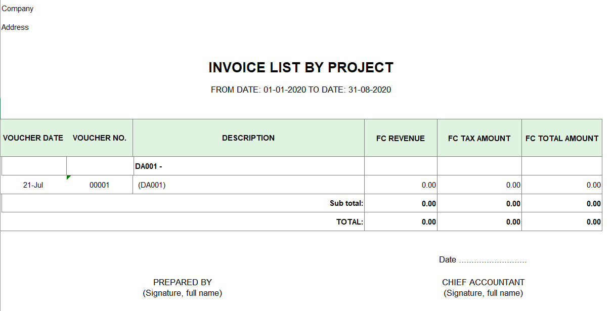Mẫu bảng kê hóa đơn bán hàng theo dự án, công trình ( TIẾNG ANH - Ngoại tệ)