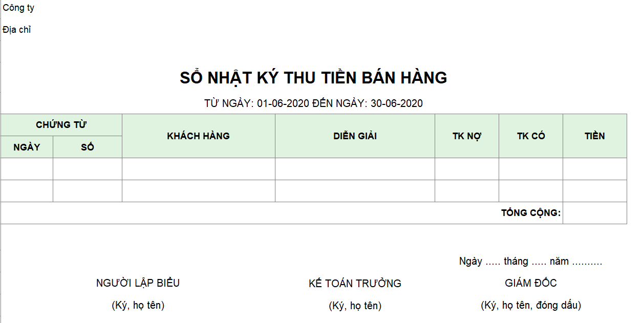 Mẫu sổ nhật ký thu tiền bán hàng