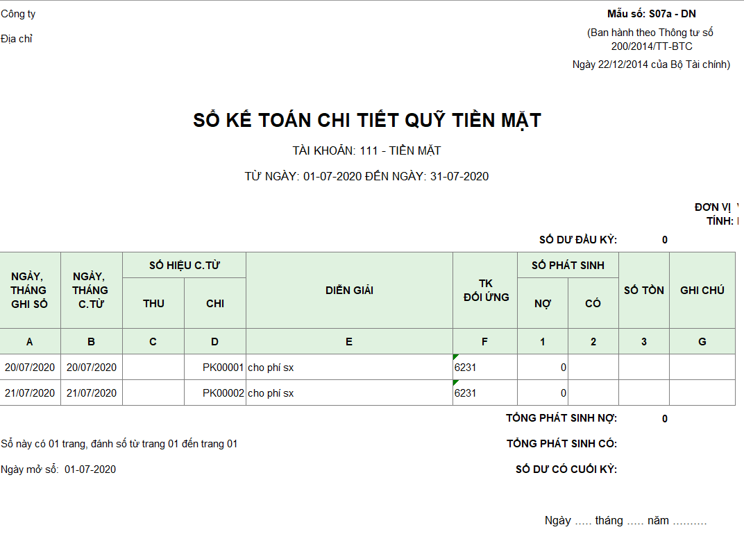 Mẫu sổ kế toán chi tiết quỹ tiền mặt theo TT 200