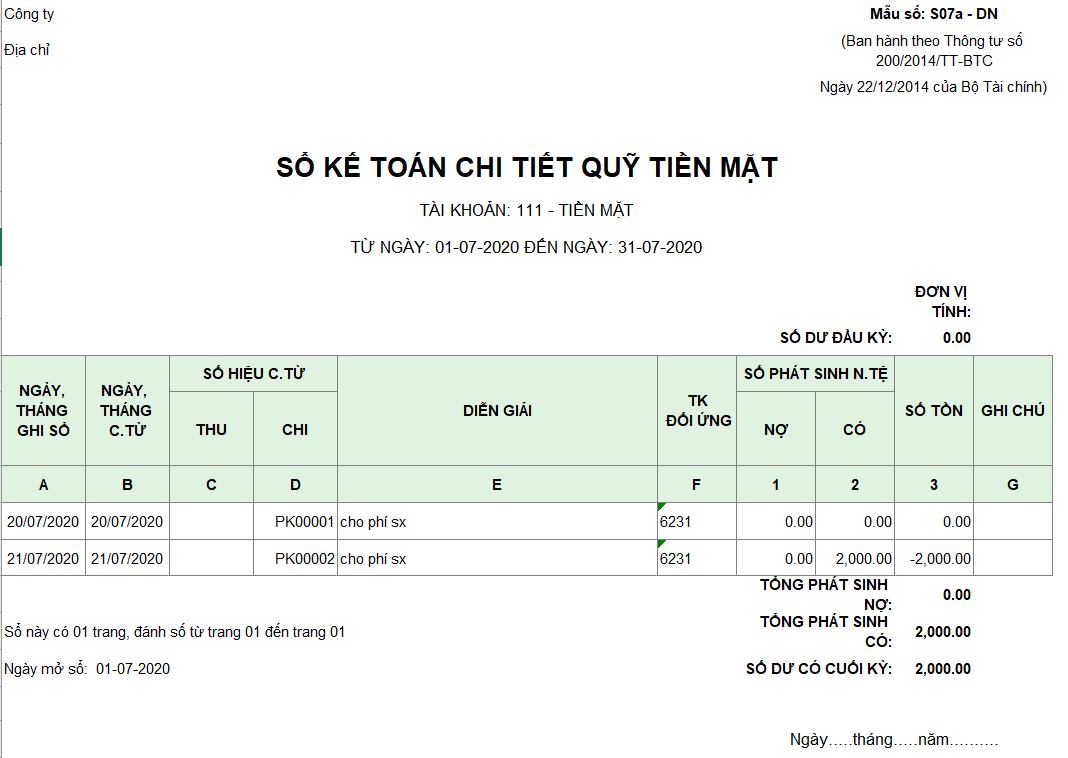 Mẫu sổ kế toán chi tiết quỹ tiền mặt theo TT 200 ( Ngoại tệ)