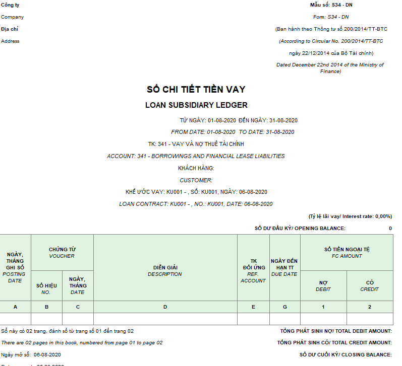 Mẫu sổ chi tiết tiền vay theo TT200 ( Song ngữ - Ngoại tệ)