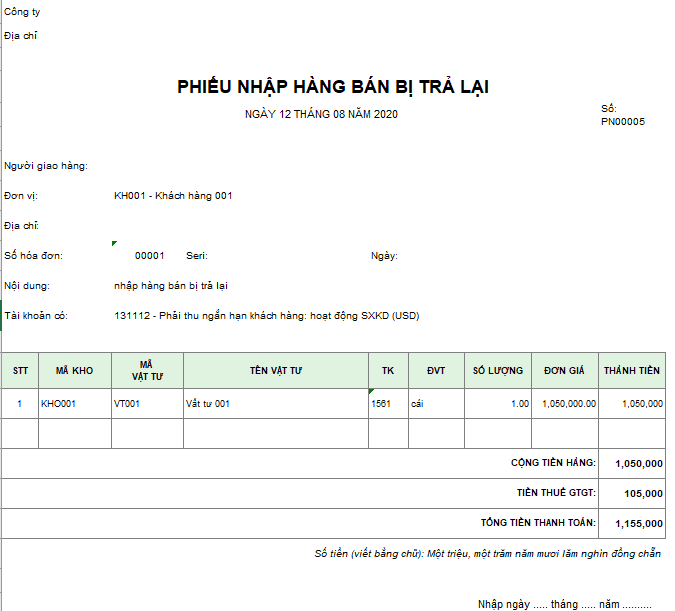 Mẫu phiếu nhập hàng bán bị trả lại
