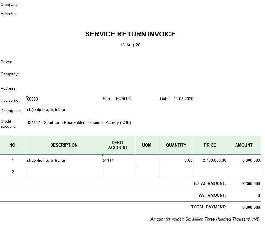 Mẫu phiếu dịch vụ bị trả lại ( TIẾNG ANH )