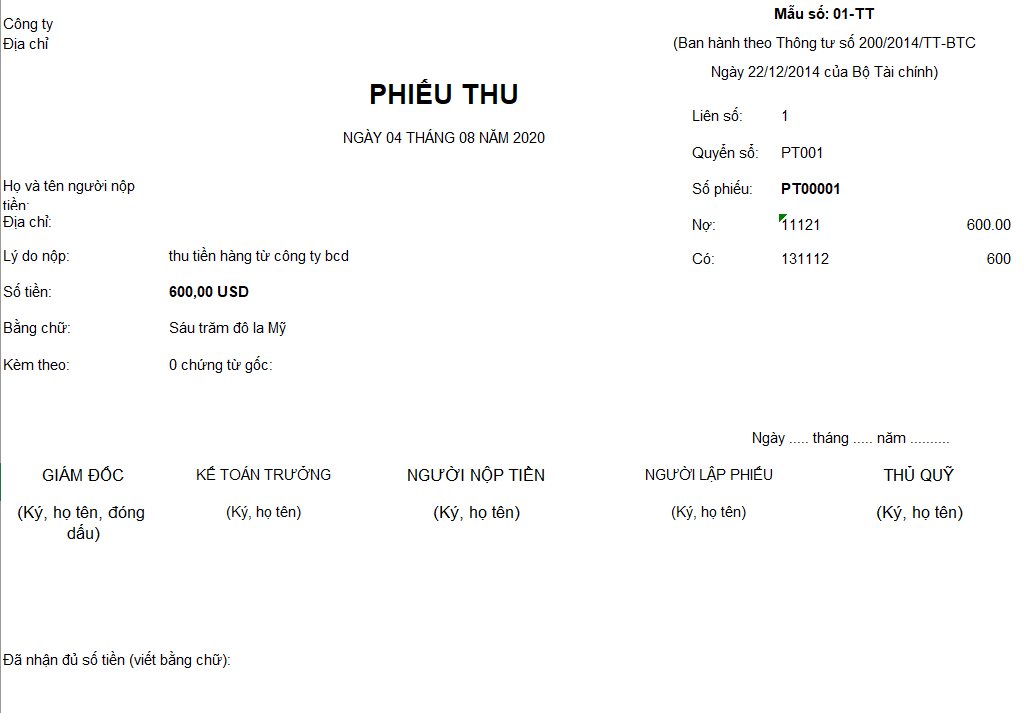 Mẫu phiếu thu theo TT 200 ( Ngoại tệ)