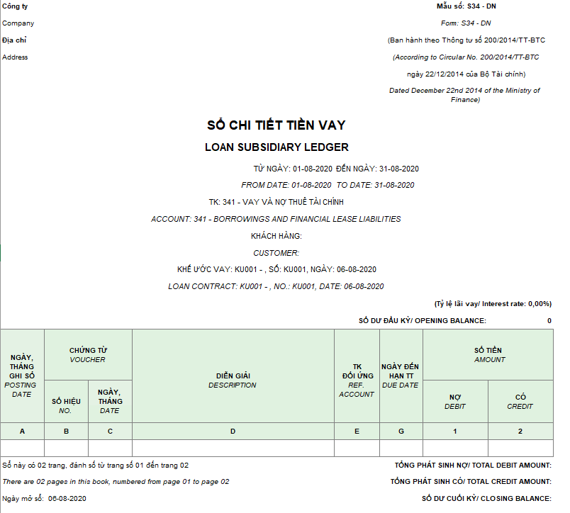 Mẫu sổ chi tiết tiền vay theo TT200 ( Song ngữ )