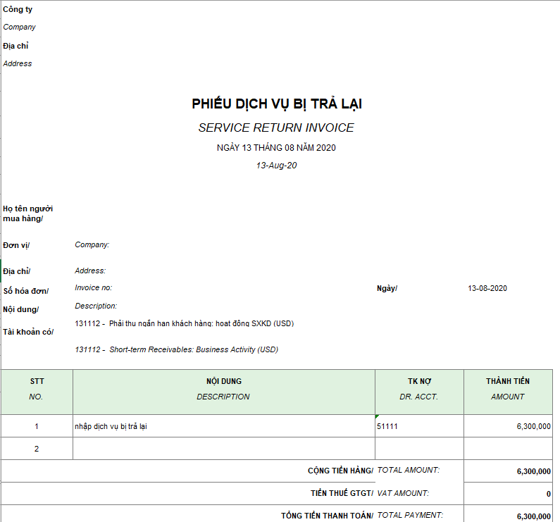 Mẫu phiếu dịch vụ bị trả lại ( Song ngữ )