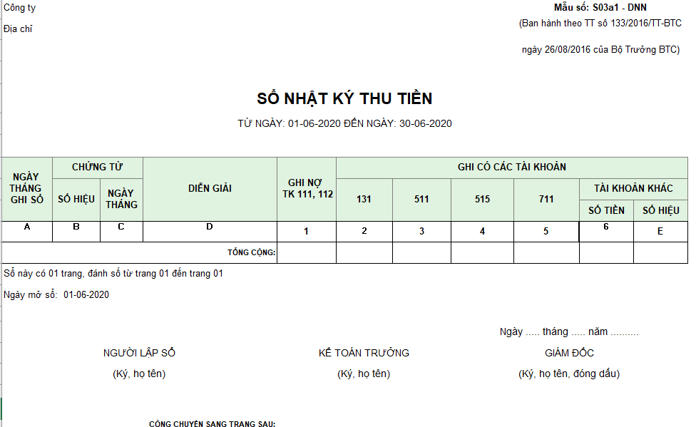 Mẫu sổ nhật ký thu tiền ( Ngoại tệ) theo TT133/2016/TT-BTC