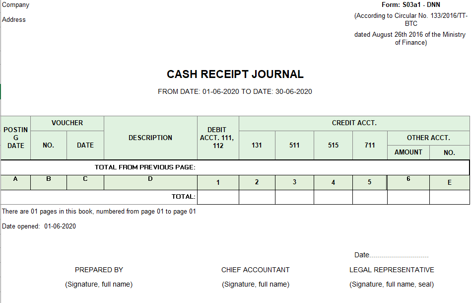 Mẫu sổ nhật ký thu tiền ( TIẾNG ANH)  theo TT133/2016/TT-BTC