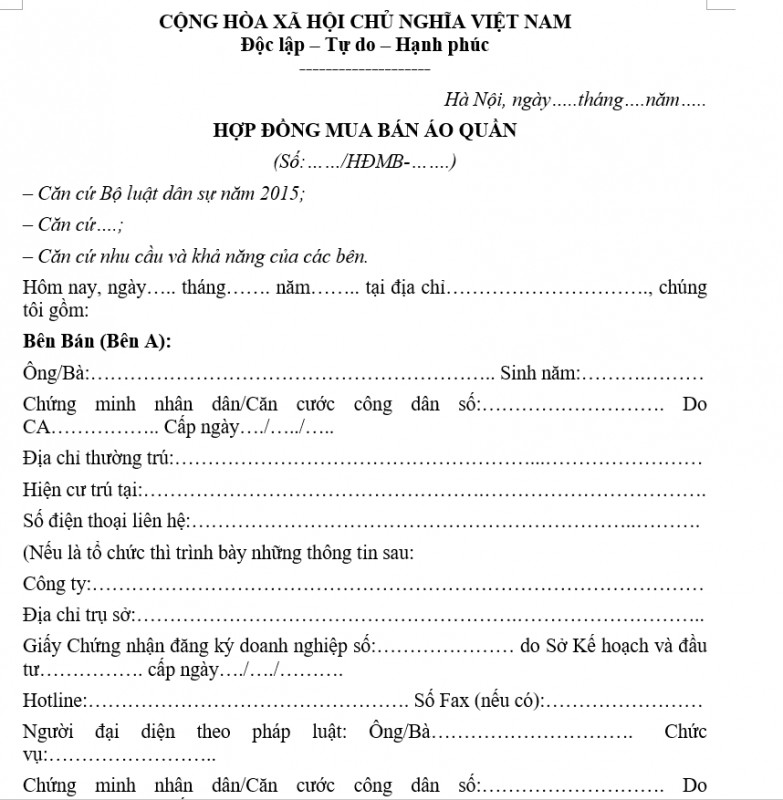 Mẫu hợp đồng mua bán quần áo