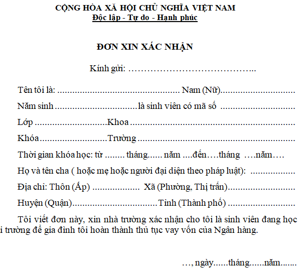 Đơn xin xác nhận để vay vốn ngân hàng