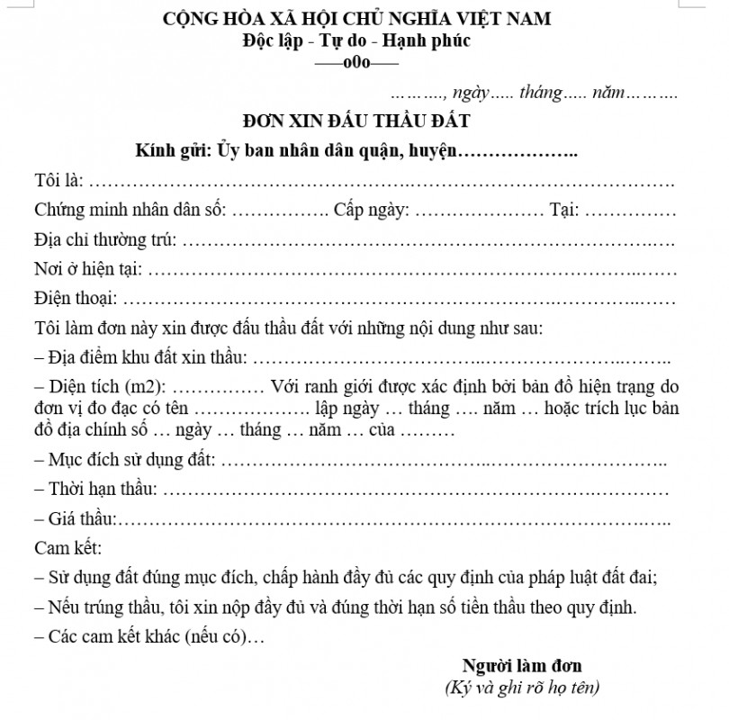 Mẫu đơn xin đấu thầu đất