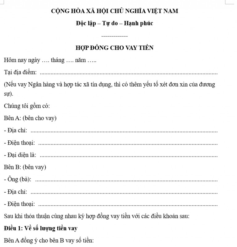 Mẫu hợp đồng mượn tiền không lãi suất