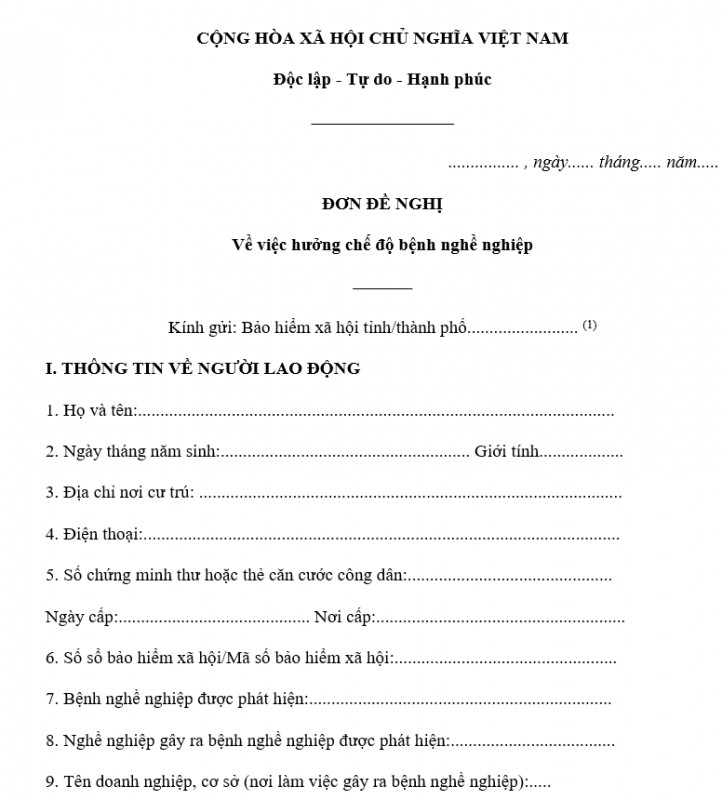 Đơn đề nghị hưởng chế độ bệnh nghề nghiệp