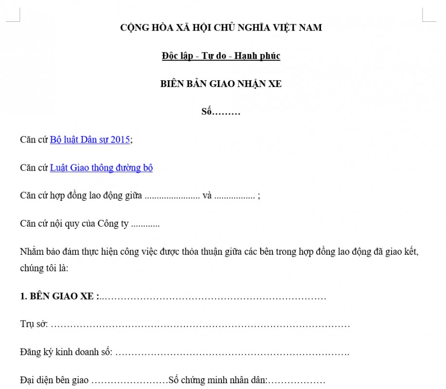 Mẫu biên bản giao xe ô tô cho nhân viên