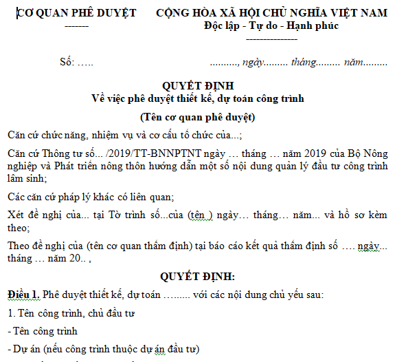 Mẫu quyết định phê duyệt thiết kế, dự toán công trình
