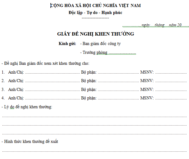 Mẫu giấy đề nghị khen thưởng