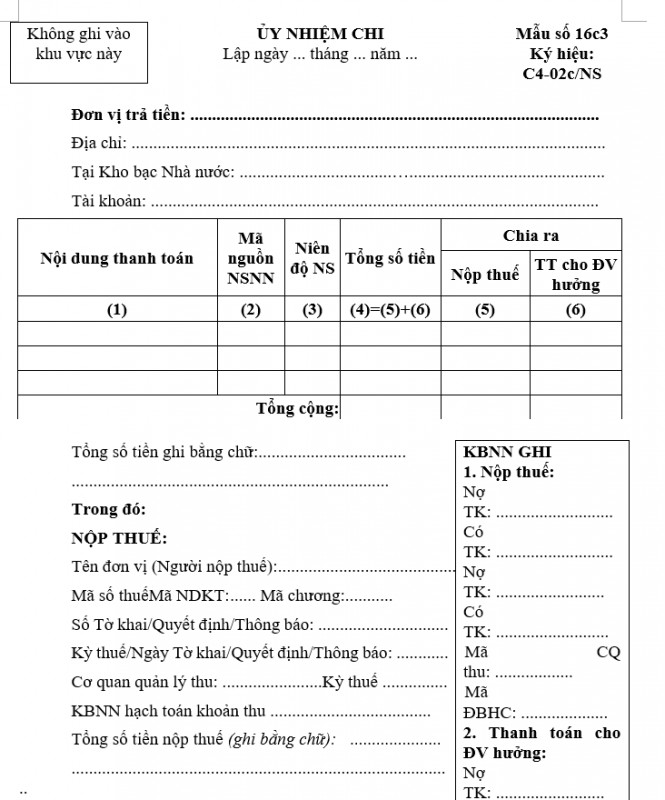 Mẫu C4-02c/KB Mẫu ủy nhiệm chi kèm nộp thuế