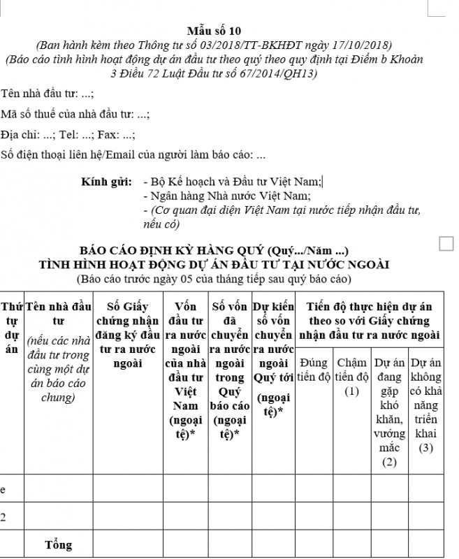 Mẫu báo cáo định kỳ hàng quý tình hình đầu tư dự án tại nước ngoài