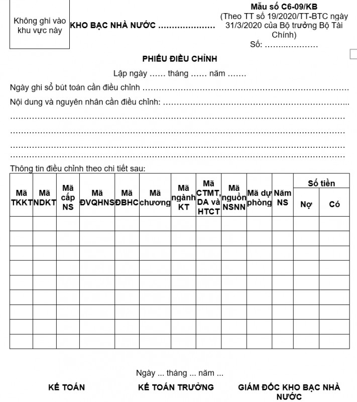 Mẫu C6-09/KB phiếu điều chỉnh