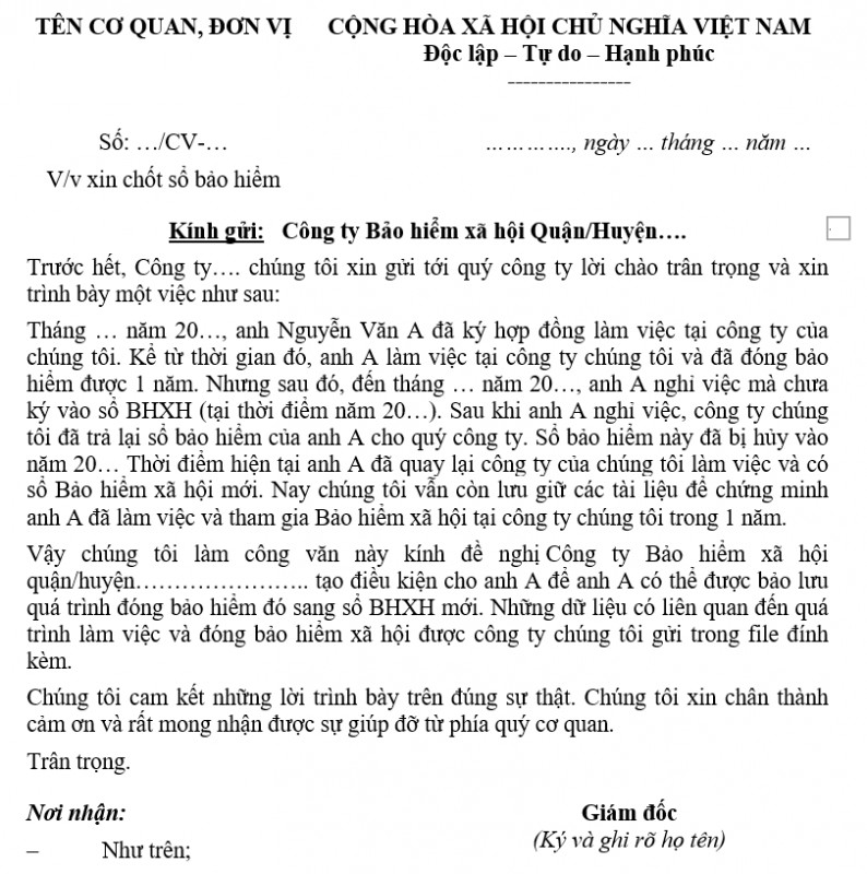 Mẫu công văn chốt sổ bảo hiểm