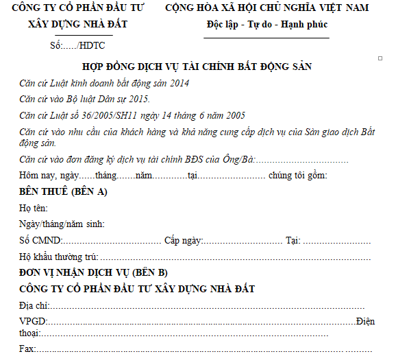 Mẫu hợp đồng dịch vụ tài chính bất động sản