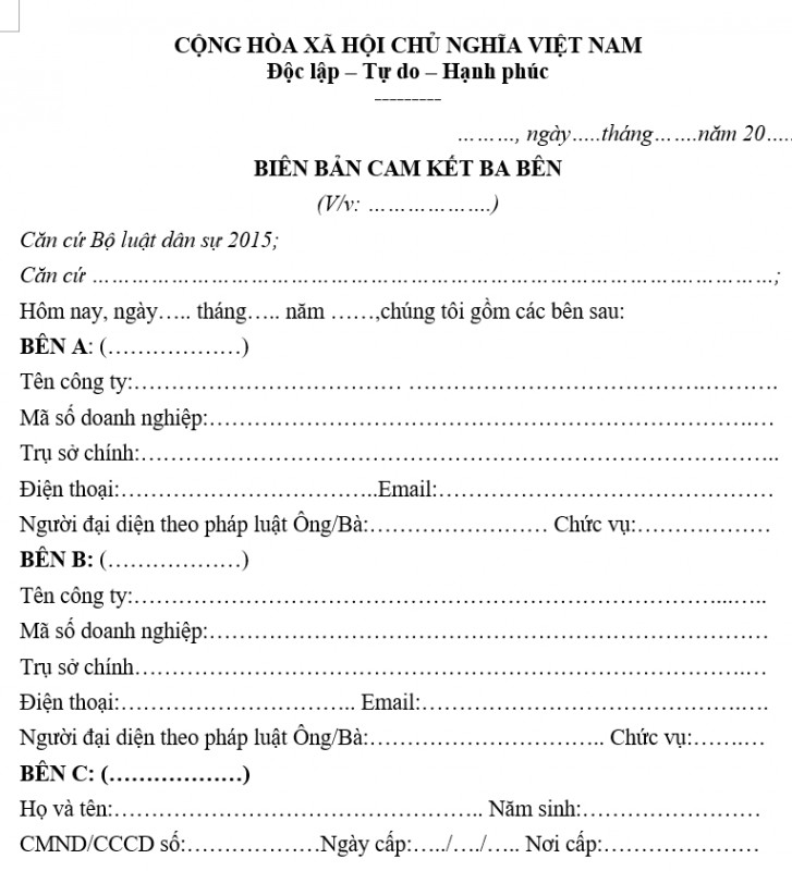 Mẫu biên bản cam kết ba bên
