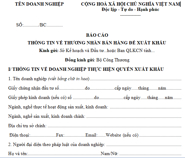 Mẫu báo cáo thương nhân bán hàng để xuất khẩu