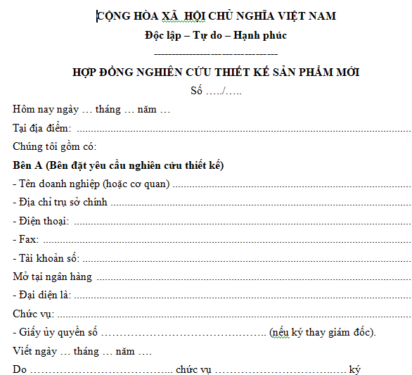 Mẫu hợp đồng nghiên cứu thiết kế sản phẩm mới