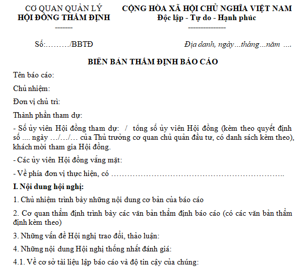 Mẫu biên bản họp hội đồng thẩm định báo cáo