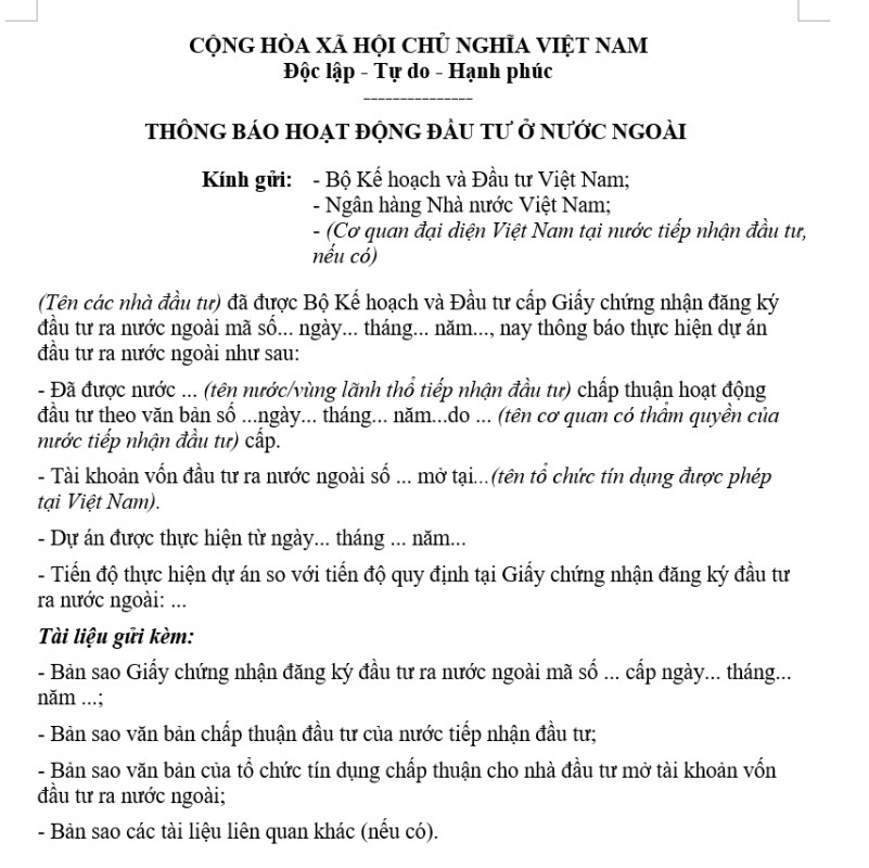 Mẫu thông báo hoạt động đầu tư ở nước ngoài
