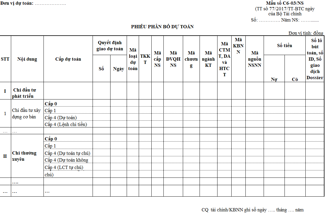 Mẫu số C6-03/NS phiếu phân bổ dự toán